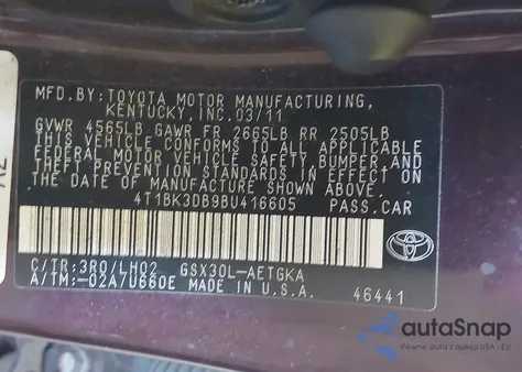2011 Toyota Avalon from USA, damaged, VIN 4T1BK3DB9BU416605